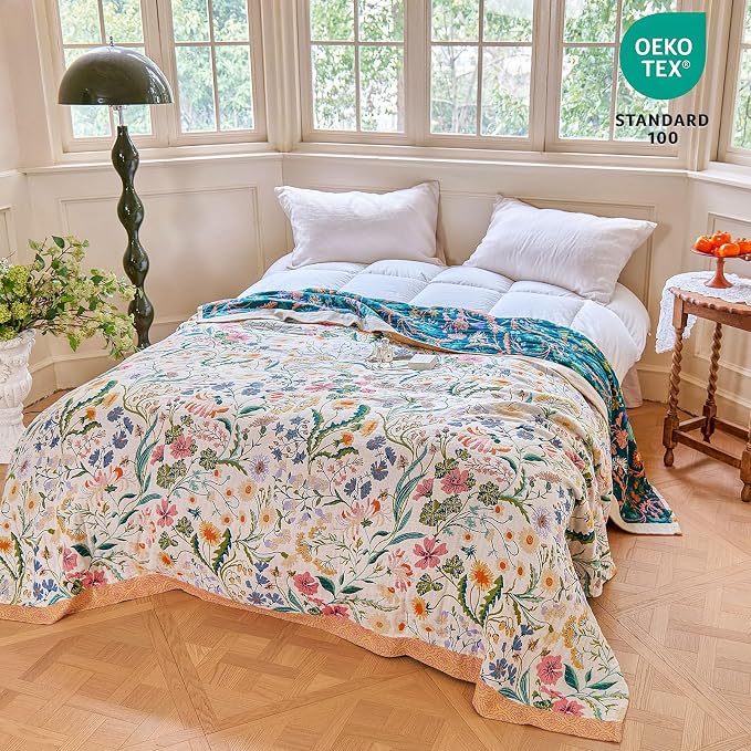 MSGKV Boho Throw Blanket 60"x80" Cotton Floral Blanket for Couch Bed Decor | 100% Cotton Throw, Colorful Floral, Reversible Blanket, Breathable Lightweight, Road Trip Blanket, Machine Washable