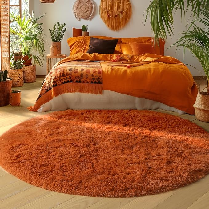 Amdrebio Burnt Orange Large Round Rugs 8Ft for Living Room Bedroom, Big Shaggy Plush Fuzzy Furry Circle Area Rugs for Kids Room Decor Aesthetic, Fluffy Shag Dark Orange Carpet for Apartment Classroom
