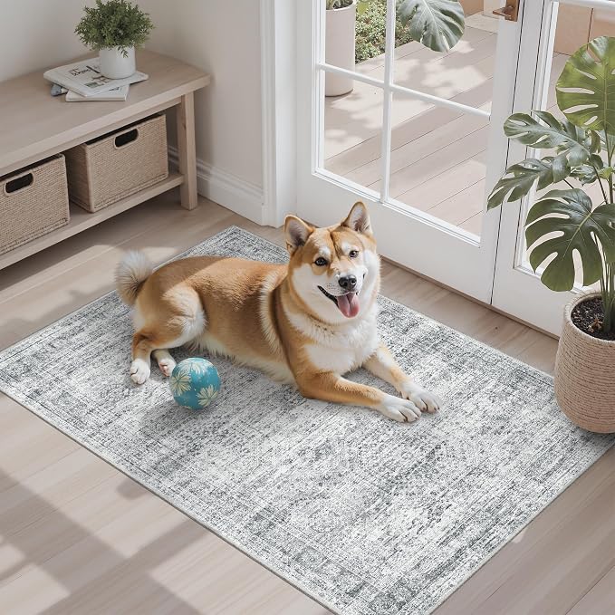 Soalmost 2x3 Washable Rugs for Kitchen, Entryway, Small Area Rug Grey | Non-Slip Vintage Low Pile Throw Door Mat For Bathroom Entry Laundry Powder Room, Stain Resistant Indoor Entrance Floor Carpet