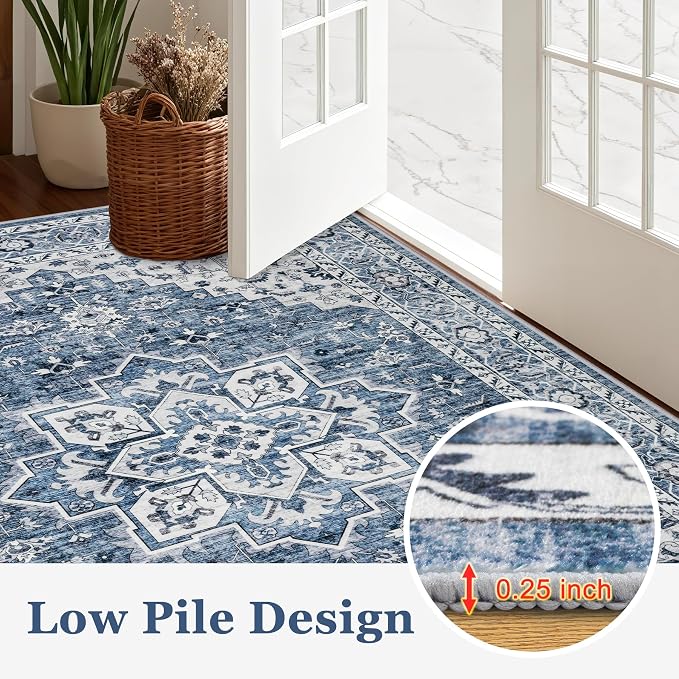 Round Area Rug for Living Room: 6ft Washable Vintage Boho Soft Thin Circle Rug Indoor Floor No Slip Stain Resistant Carpet for Bedroom Dining Room Farmhouse Nursery Home Office - Blue