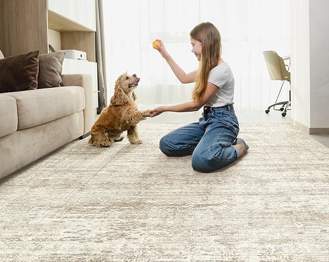 UERMEI 6x9 Area Rug Living Room Rugs - Washable Neutral Modern Abstract Soft Thin Rug Indoor Floor No Slip Rug Carpet for Bedroom Under Dining Table Home Office Decor - Beige/Brown
