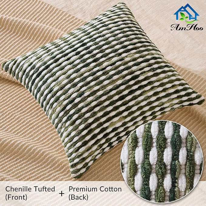 Boho Chenille Pillow Cover Decorative Tufted Pillowcase for Couch Bed Sofa Bedroom Living Room Modern 18 x 18-Inch Sage Green