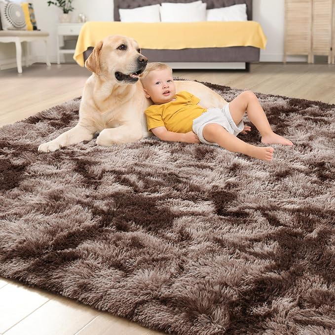 Tepook 6x9 Area Rugs for Living Room Bedroom, Soft Fluffy Plush Shaggy Girls Boys Kids Room Rug, Shag Upgrade Non-Slip Throw Carpet for Dorms Nursery Classroom Home Decor, Tie-Dyed Brown