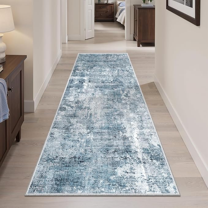 Soalmost Abstratc Runner Rug 2x5 Washable Kitchen Entry Runners Blue/Grey | Non-Slip Low-Pile Rugs for Bathroom Laundry Room, Vintage Foldable Floor Carpet Mat Hallway Entryway for Corridor Bedroom