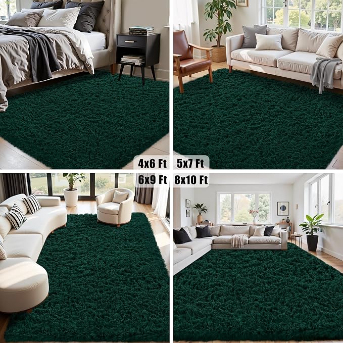 8x10 Area Rug for Living Room:Ultra Soft Fluffy Shag Purple Rugs,Large Fuzzy Plush Indoor Non Slip Carpet Washable Rug for Bedroom Kids Nursery Office Dorm Modern Decor(Dark Green 8'x10')