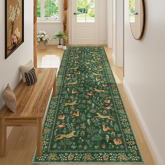 DUKINO 3x10 Washable Runner Rug, Non Slip Animal Rug for Hallway, Green | Low Pile, Stain Resistant, Soft Thin Indoor Rug Runner for Kitchen, Entryway, Bedroom, Bathroom, Pet Friendly, Non-Shedding