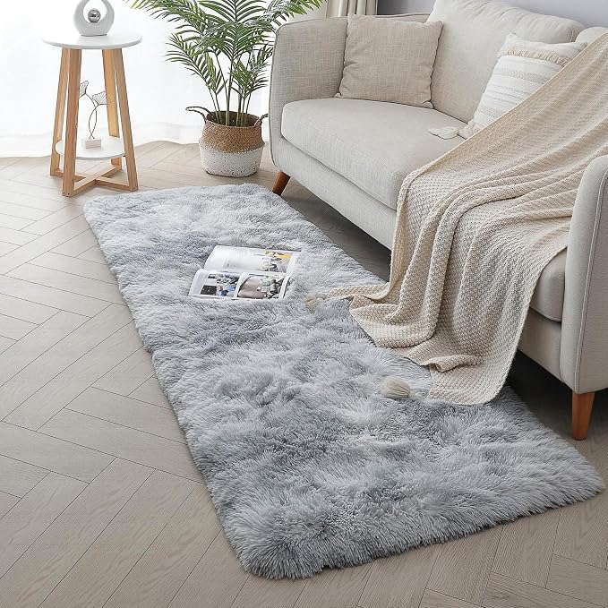 Light Grey Fluffy Shag Rug 2x6, 2 Pcs Soft Fuzzy Plush Washable Carpet | Non Slip comfy shaggy furry rug for bedroom, living room, kids room, nursery, dorm, boys and girls