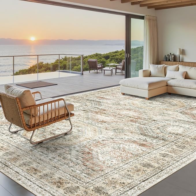 Soalmost Washable Area Rug 8x10 Large Soft Living Room Rugs Brown/Pink | Vintage Non-Slip Carpet for Dining Bedroom, Stain Resistant Low Pile Foldable Lightweight Floor Mat Under Table Home Decor