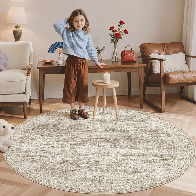 Soalmost 6x6 Brown Round Rug 6ft Circle Living Room Area Rugs Non-Slip | Washable Vintage Indoor Carpet for Dining Bedroom, Low Pile Stain Resistant Foldable Floor Mat Entryway Home Office Decor