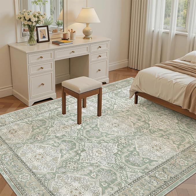 Soalmost 5x7 Area Rug Low Pile Washable Trendy Faded Style Rug, Green/Brown | Vintage Non-Slip Indoor Accent for Bedroom Dining, Foldable Stain Resistant Floor Carpet Mat Under Table Home Office Decor