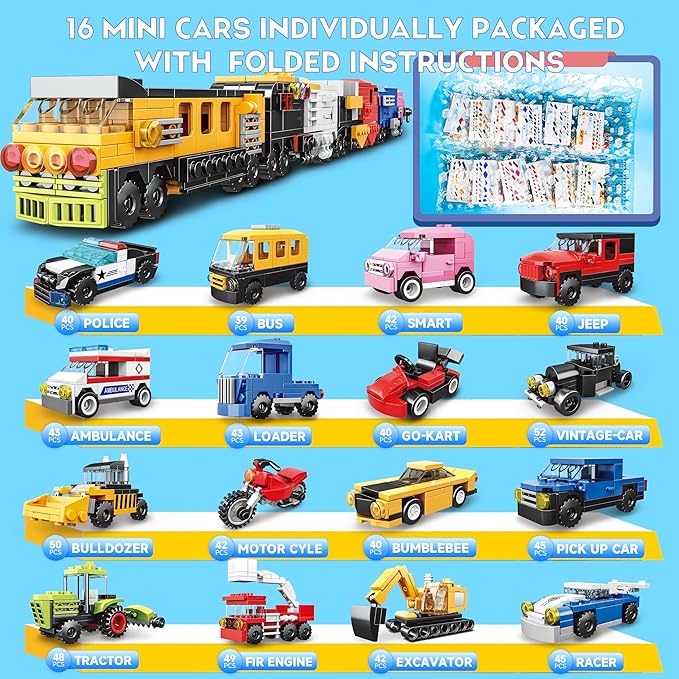 16 Pack Building Blocks Party Favors for Kids, Lego-Compatible 2 in 1 710pcs Building Kits Mini City Vehicles Include Police Car & Train, Christmas Toy Gifts Goodie Bag Filler Stuffers for Boys Girls