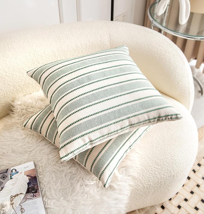 Cethom Decorative Boho Throw Pillow Covers, Farmhouse Textured Pillow Case, 20 x 20 Inch Set of 2, Chair Sofa Bedroom Living Room Home Decor Couch Cushion Case, Green and Beige Striped