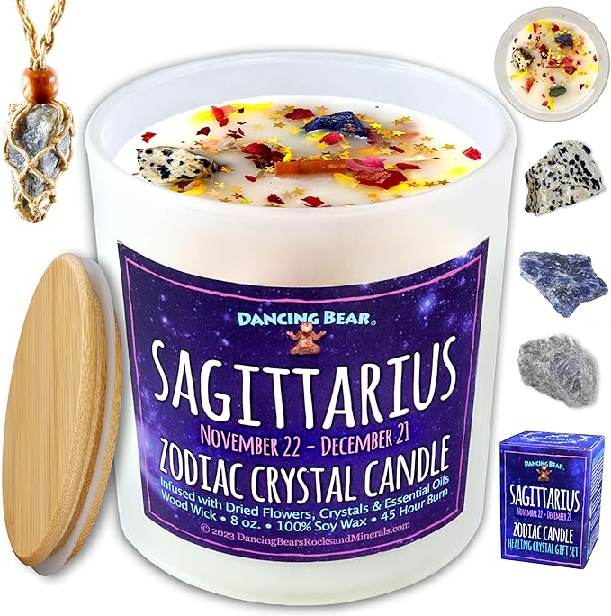 DANCING BEAR Sagittarius Zodiac Candle Gift Box Set with 3 Healing Crystals & Stone Holder Necklace, 100% Soy Scented Wax, Crackling Wood Wick, 45 Hour Burn Time