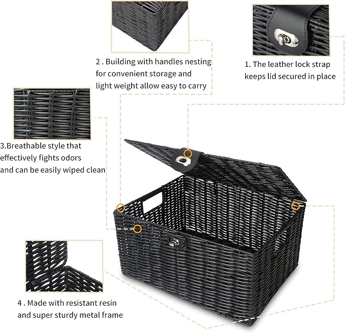 Honygebia Black Wicker Storage Baskets - Set of 3 Decorative Nesting Boxes with Lids, Woven Basket with Lock & Handle, Organizer for Beauty Makeup Bathroom Decor