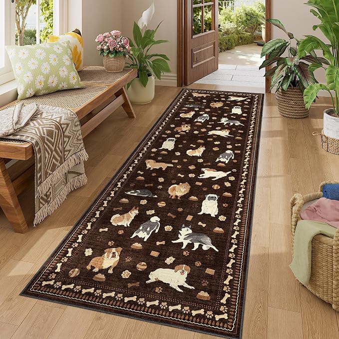 DUKINO 2.6x8 Kitchen Runner Rug, Washable Non Slip Dog Rug, Brown | Soft, Stain Resistant, Low Pile, Non-Shedding Animal Carpet Runner for Hallway Entryway Bathroom Laundry, Kid & Pet Friendly