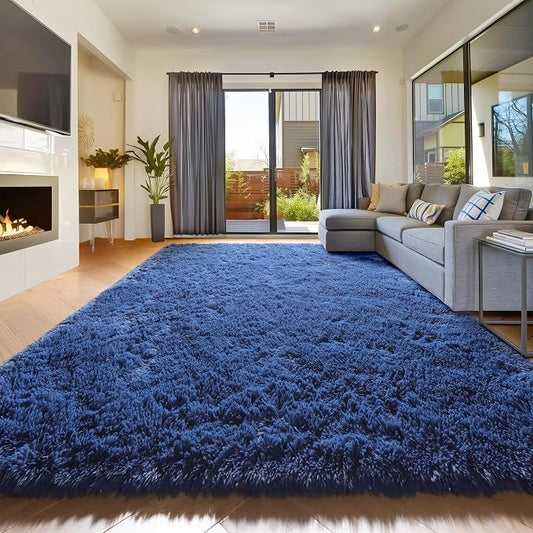 Amdrebio Navy Blue Large Area Rug 8x10 for Living Room Boys Bedroom Carpet | Fluffy Fuzzy Furry Shag Plush Home, Classroom Baby Nursery Kids Playroom Decor, Coastal Aesthetic Ocean Nautical, Royal Blue