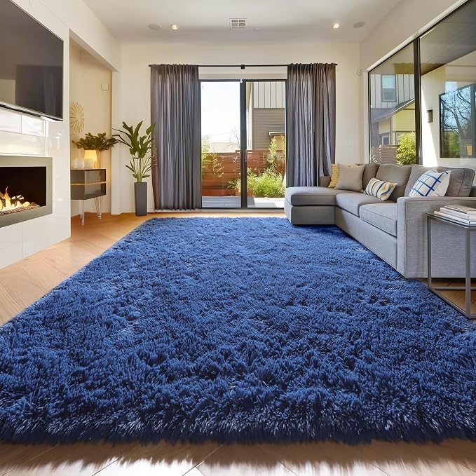 Amdrebio Navy Blue Area Rugs for Boys Bedroom, 5x8 Shag Fluffy Furry Plush Rug for Kids Room, Living Room Decor Aesthetic, Cool Royal Dark Blue Carpet for Baby Nursery Classroom Office Dorm Playroom