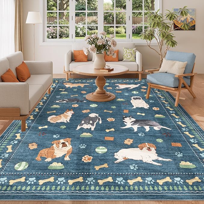 DUKINO 6x9 Washable Dog Area Rug for Living Room Non Slip, Blue | Non-Shedding, Stain Resistant, Soft Animal Carpet for Bedroom Kids Playroom Nursery Dining Room Farmhouse, Pet & Kid Friendly