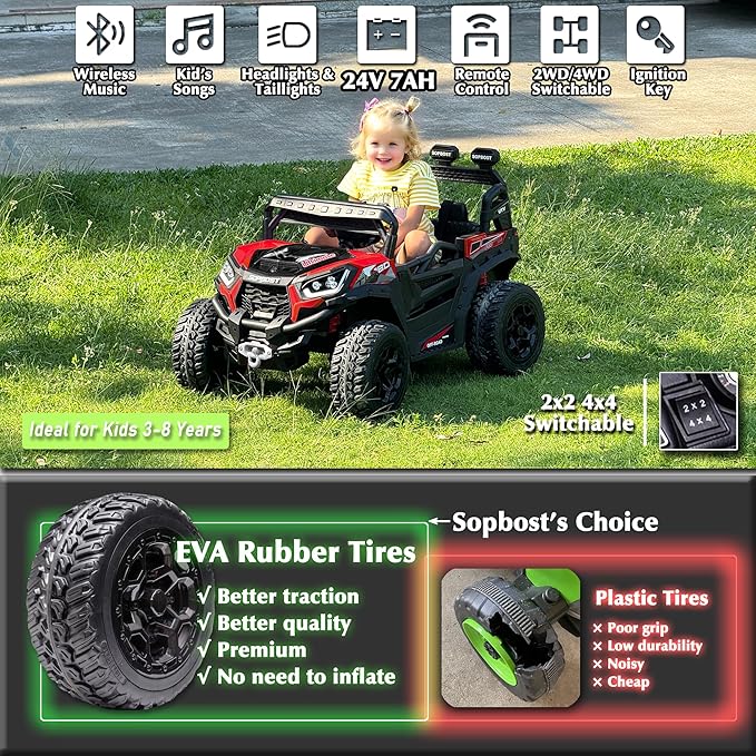 sopbost 24V Kids Ride On Car with Remote Control Battery Powered 4 Wheeler 2x2/4x4 Motorized Ride On UTV Ride On Toys for Boys Girls, EVA Tires Wheels, Red