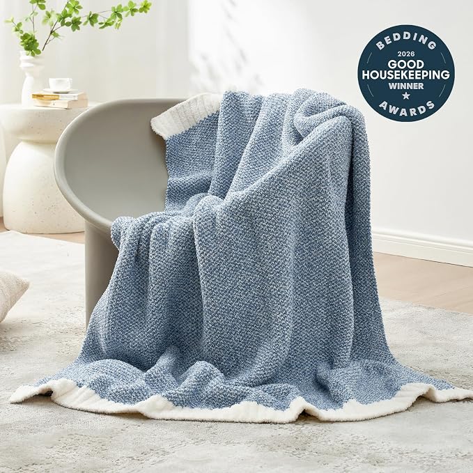 Snuggle Sac Blue Throw Blankets for Couch, Reversible Super Soft Warm Blankets Cozy Knit Blanket Fuzzy Plush Throws for Sofa, Bed, Gift, Heather Blue, 50 x 60 inches