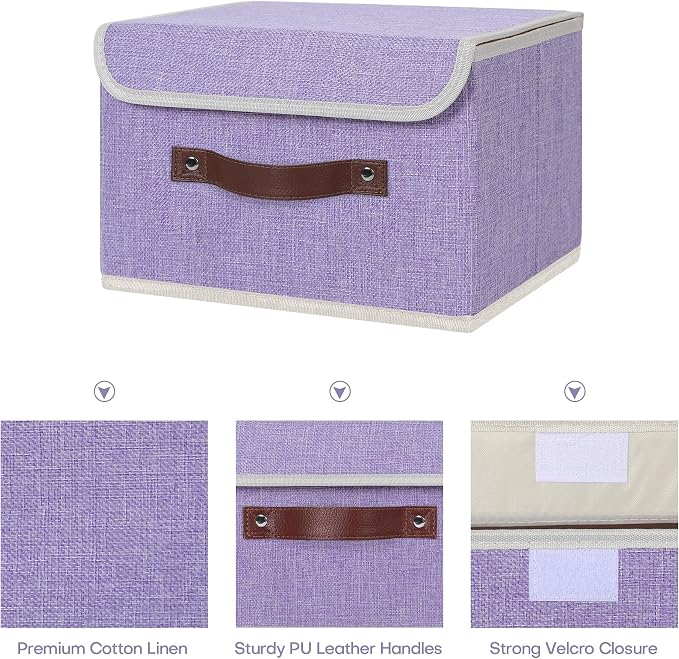 ANMINY Fabric Storage Box Bins with Lids, Purple, 10"x8"x7", 4 Pack | Keepsake Memory Storage, Cotton Linen, PP Board Reinforced, Washable, PU Handles, Foldable & Stackable, Decorative, Small