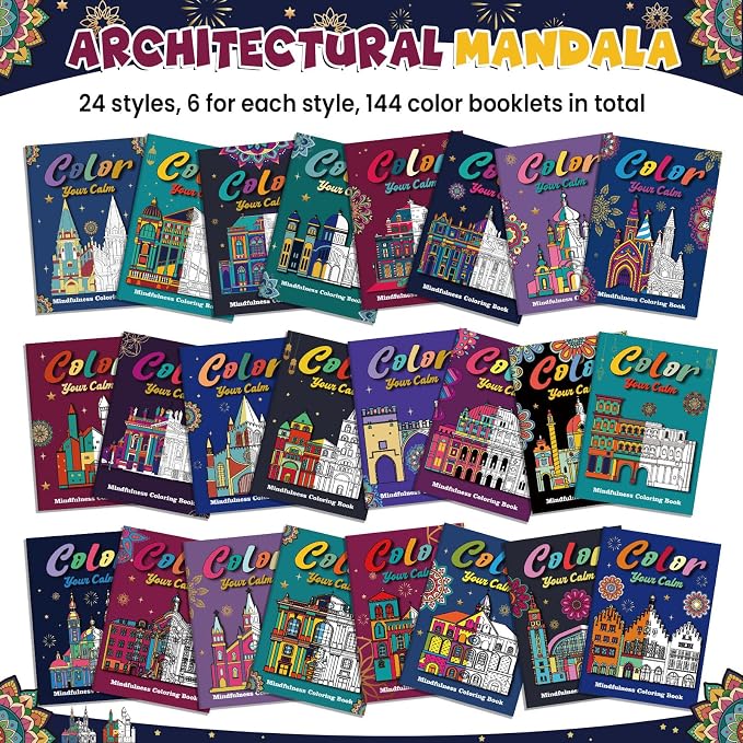 Liliful 144 Pcs Architectural Mandala Coloring Book Bulk 5 x 7 Inch Landmark & Building Themed Mindfulness Coloring Books for Stress Relief, Party Favors & Adult Gifting