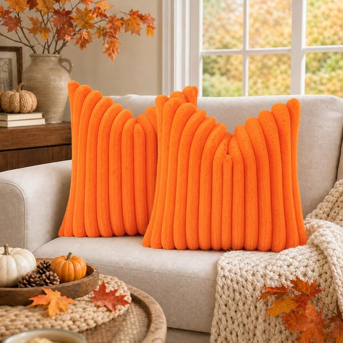 decorUhome Fall Faux Fur Throw Pillow Covers 18x18 Set of 2 Orange | Decorative Soft Cozy Striped Plush Modern Farmhouse Boho Couch Pillow Cases Velvet Back for Sofa Bed Living Room Home Decor