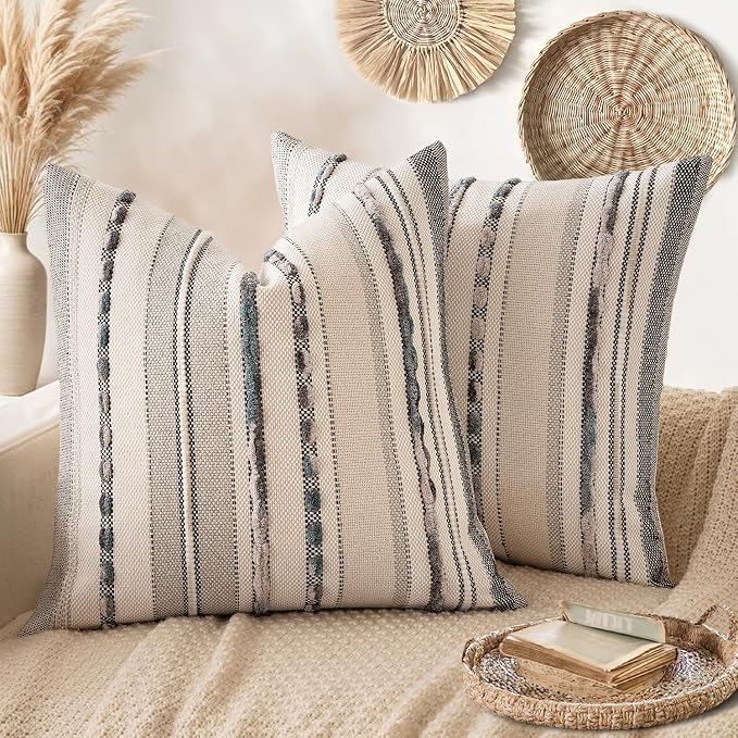 ANRODUO Boho Decorative Throw Pillow Covers Gray Stripe 18x18 Pack of 2 | Throw Pillow Covers, Farmhouse Cushion Case, Chenille Pillow Cases, Pillow Covers, Accent Neutral Pillowcase for Sofa Couch