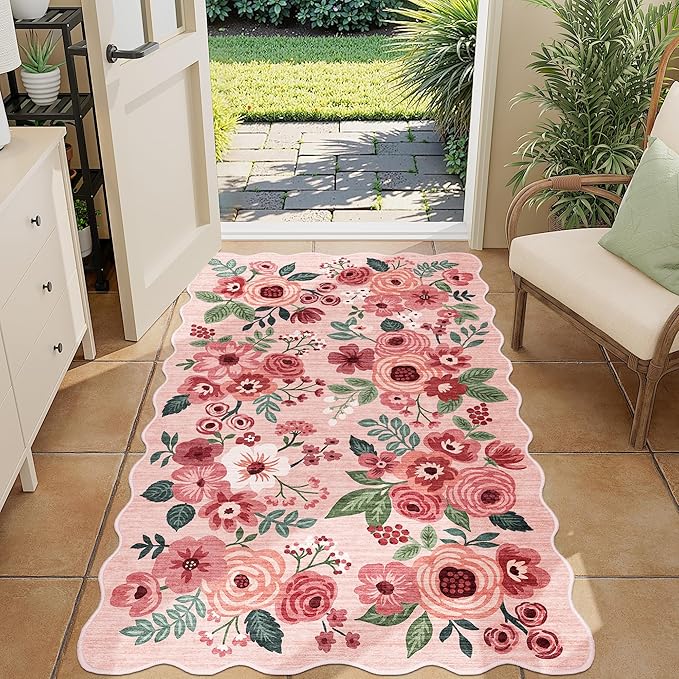 DUKINO 3x5 Area Rugs, Non Slip Floral Washable Rug for Bedroom, Pink | Soft, Low Pile, Non-Shedding Throw Rugs for Living Room, Entryway, Kitchen, Kids Room, Pet Friendly, Home Decor, Lightweight