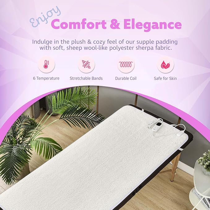 Massage Table Warmer Heating Pad – 71"x31" Heated Massage Pad with Adjustable Temperature (104°F–131°F), Auto Shut-Off, Sherpa Fabric, Ideal Massage Blanket & Bed Warmer for Table Use