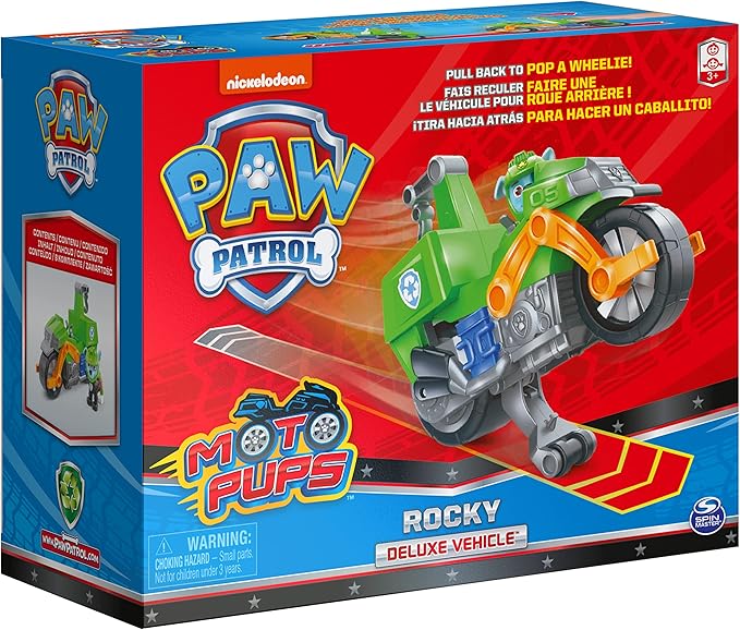 Paw Patrol, Moto Pups Rocky’s Deluxe Pull Back Motorcycle Vehicle with Wheelie Feature and Toy Figure
