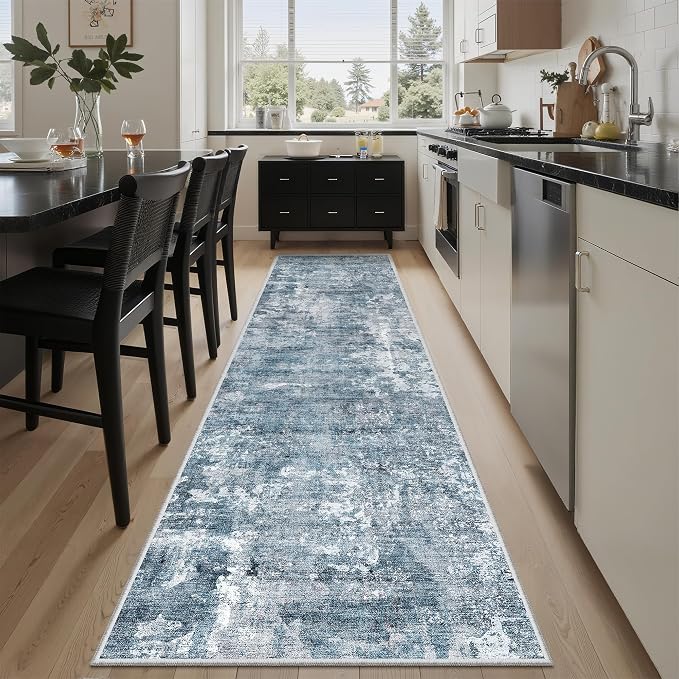 Soalmost Abstract Runner Rug 2x8 Washable Hallway Kitchen Runners Blue/Grey | Stain Resistant Vintage Rugs for Bathroom Laundry Room, Low Pile Foldable Floor Carpet Mat for Entryway Corridor Bedroom