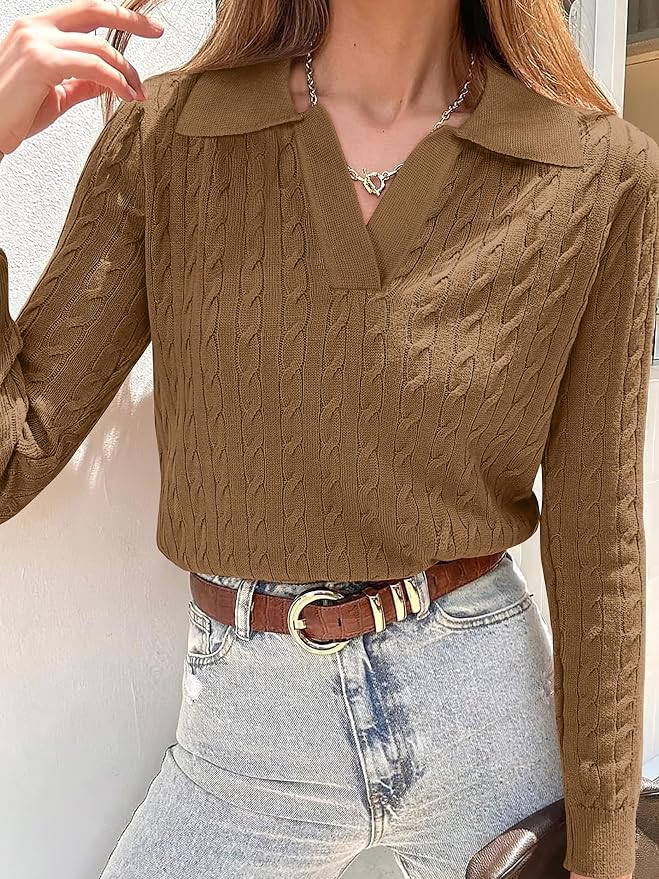 ANRABESS Womens Cable Knit Sweaters Long Sleeve V Neck | Pullover Collared Sweater Tops, Polo Knit Shirts, Business Casual Work, Tennis Golf, Fall Winter Fashion Outfits