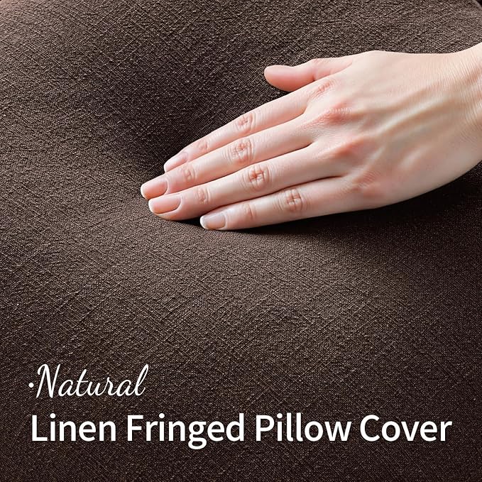 MIULEE Linen Fringe Decorative Fall Throw Pillow Covers Dark Brown 20x20 | Set of 2, Cottagecore Decor, Boho Farmhouse Neutral Pillow Covers, Rustic Fall Couch Cushion Cases for Sofa Bed Living Room