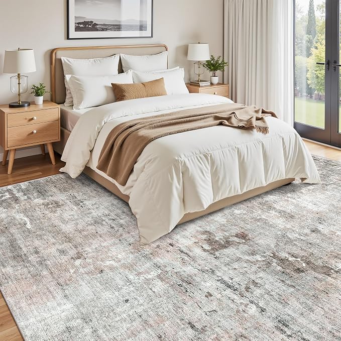 Soalmost 9x12 Area Rugs for Living Room Washable Rug Abstract Pink/Grey | Non-Slip Large Modern Carpet for Dining Bedroom, Soft Low Pile Lightweight Foldable Floor Mat Nursery Home Office Decor