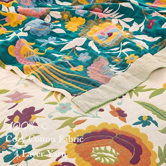 XIBLC Boho Throw Blanket for Bed, 100% Cotton Soft Rustic Quilt Fall Blanket, 90"x98" Floral Printed Farmhouse Decor Bed Blankets, All Season Rustic Reversible Bohemian Throw Quilt