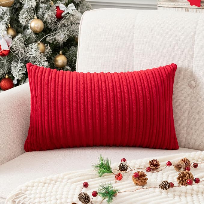 UGS UGASA Valentines Super Soft Plush Corduroy Pillow Covers Velvet Rectangular Striped Decor Cushion Cases for Livingroom/Couch, 1 Piece, 12"x20"(30x50cm), Burgundy