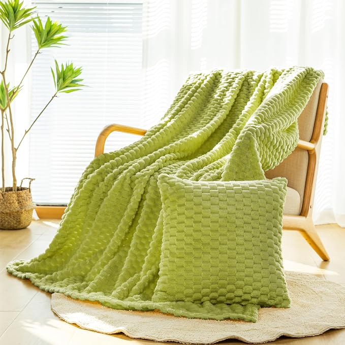 Bnuitland Flannel Throw Blanket, 300 GSM Fleece Cozy Warm Soft Home Decor Lightweight Bed Sofa Blanket for Adults, Suitable for All Seasons(Fruit Green,50X71 inches with Pillow Cover)