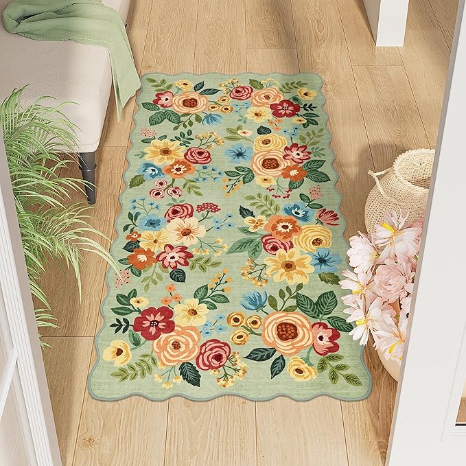 DUKINO 2x4 Rug for Entryway, Floral Washable Kitchen Rugs Non Slip, Green | Soft, Low Pile, Stain Resistant Throw Runner Rug for Hallway, Bedroom, Bathroom, Laundry, Pet Friendly, Modern Home Decor