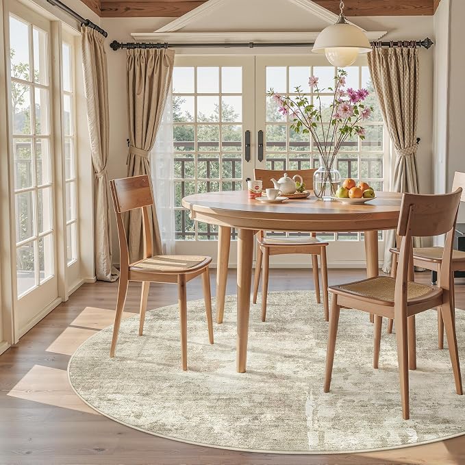 Soalmost Abstract 5x5 Round Rug 5ft Circle Living Room Rugs, Beige/Gray | Washable Vintage Indoor Carpet for Dining Bedroom, Low Pile Stain Resistant Foldable Floor Mat Entryway Home Office Decor