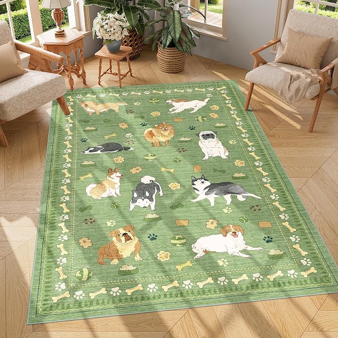 DUKINO 4x6 Area Rug, Washable Dog Rug for Living Room Non Slip, Green | Low Pile, Stain Resistant, Soft Animal Carpet for Bedroom Office Dorm Dining Room Kids Room Farmhouse, Kid & Pet Friendly