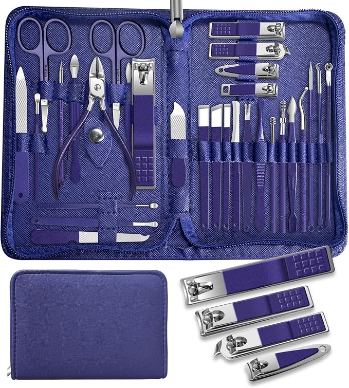 30Pcs Manicure Pedicure Kit，Nail Clippers Kit Professional and Stainless Steel Nail Care Tools，Toenail Clipper Cutters Men's Accessories Whit Beauty Tools Luxurious Travel Case (Blue)