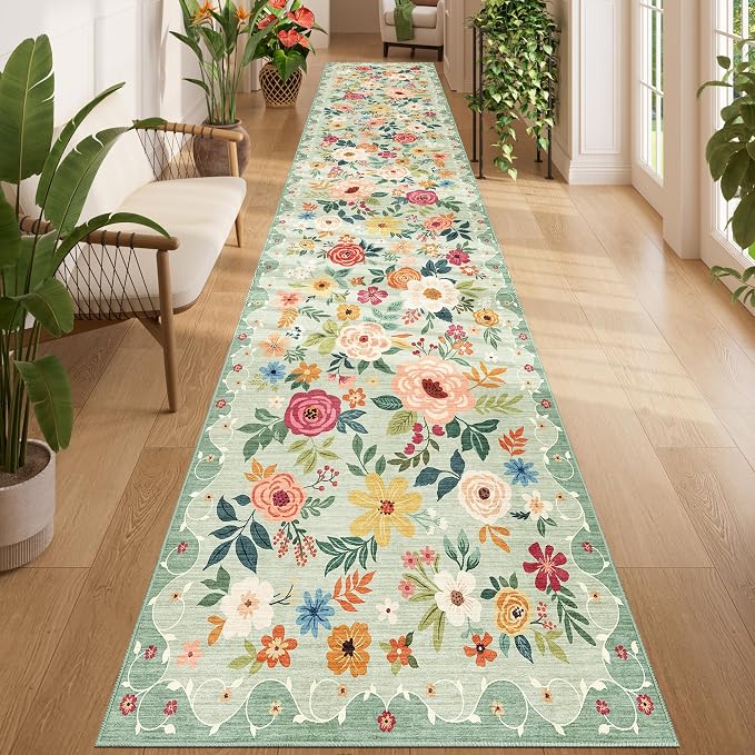 DUKINO 3x14 Washable Runner Rug, Non Slip Long Kitchen Runner Rug, Green | Soft, Low Pile, Floral Indoor Carpet Runner for Hallway, Entryway, Bedroom, Bathroom, Laundry, Pet Friendly, Home Decor