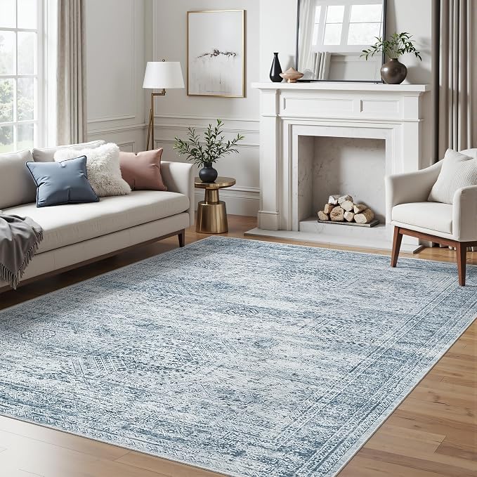 Soalmost 5x7 Area Rugs Blue Low Pile Washable Trendy Faded Style Rug | Vintage Non-Slip Indoor Accent for Bedroom Dining, Foldable Stain Resistant Floor Carpet Mat Under Table Home Office Decor
