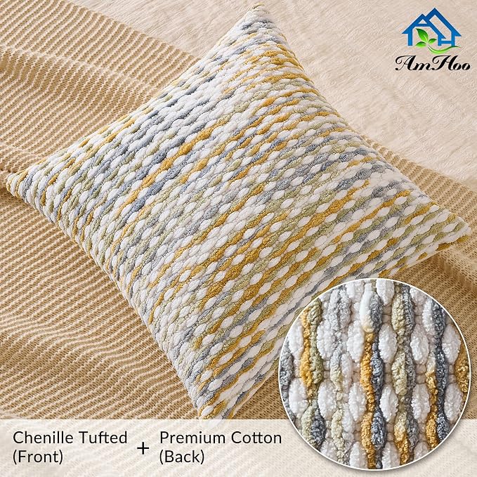 Set of 2 Boho Chenille Pillow Cover Decorative Tufted Pillowcase for Couch Bed Sofa Bedroom Living Room Modern 18 x 18-Inch Grey