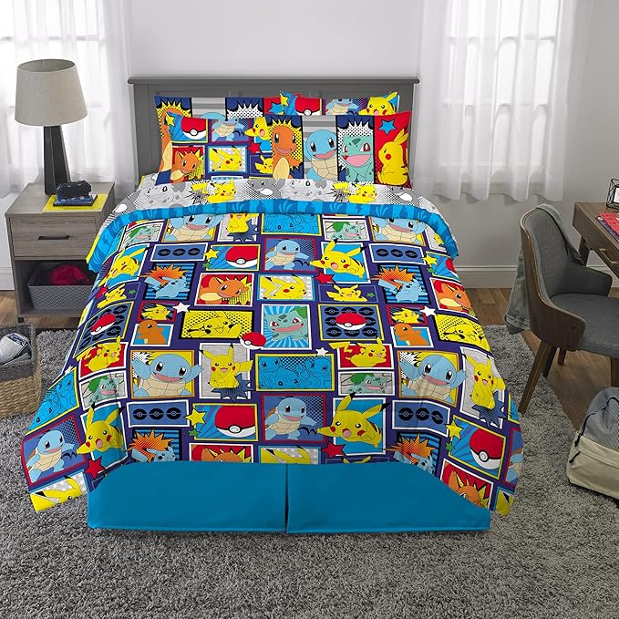 Pokémon Pikachu Queen Size Bedding Set – Kids Bedding Super Soft Cozy Reversible Comforter and Sheet Set with Sham, 7 Piece Queen Size, (Officially Licensed Product) by Franco