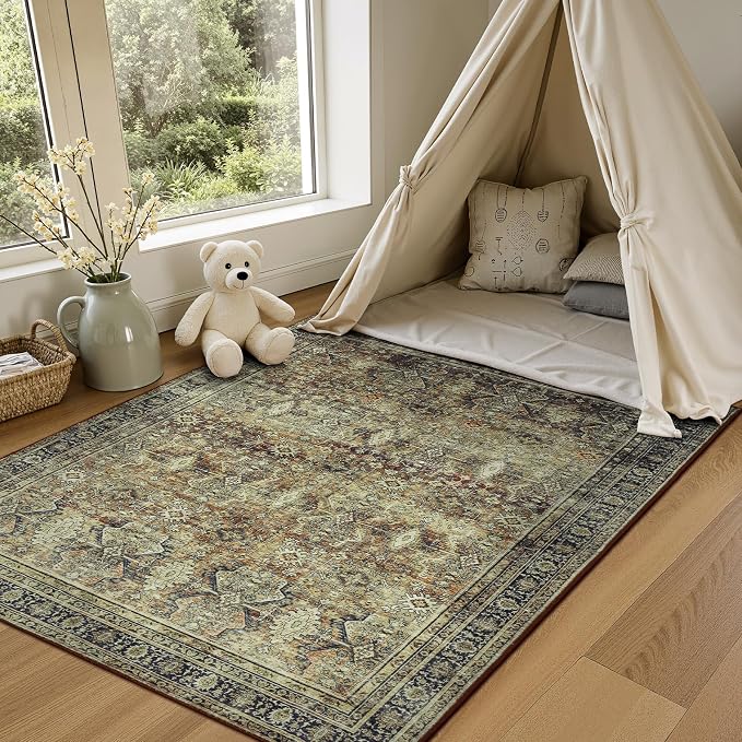 3x5 Area Rugs for Entryway, Brown Washable Non-Slip Area Rug for Kitchen | Low Pile Soft Small Rugs, Vintage-Style Carpet for Bathroom Bedroom Tool Room, Stain Resistant, Foldable Distressed Rug