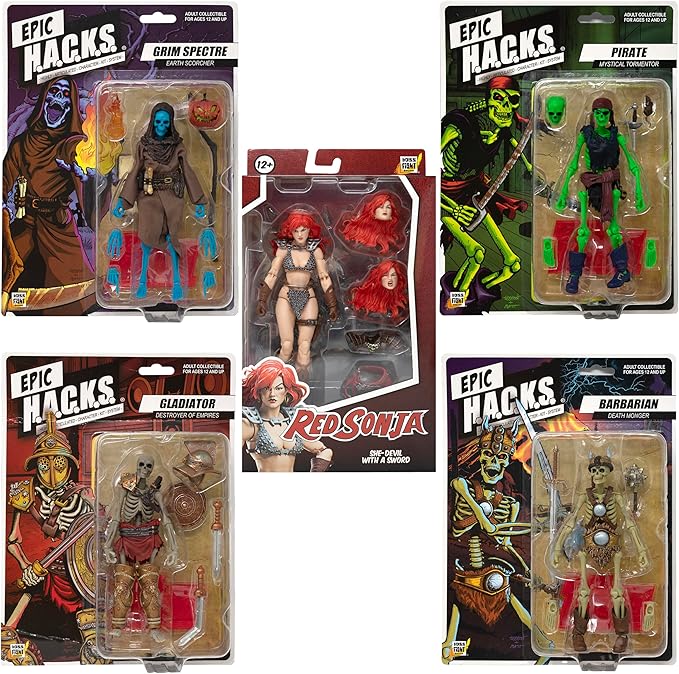 Boss Fight Studio Epic H.A.C.K.S. Red Sonja Deluxe Action Figure with Grim Spectre, Pirate, Gladiator, and Barbarian Skeletons, Set of 5 Highly Articulated Figurines, Interchangeable Accessories, 1:12