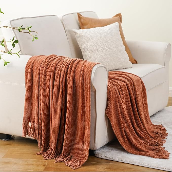 BATTILO HOME Rust Orange Throw Blanket for Couch, 60"x80" | Soft Chenille Throw Blanket with Tassels for Fall Decor, Fall Throw Blanket for Home Decoration