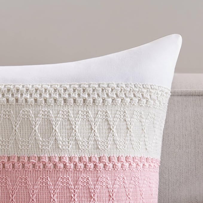 2pk Boho Pillow Covers 20x20, Natural White/Contrast/Light Pink | 100% Organic Cotton Body, Stripe Embroidery, Farmhouse Decorative Cushion Covers for Sofa Bed Living Room Home Decor